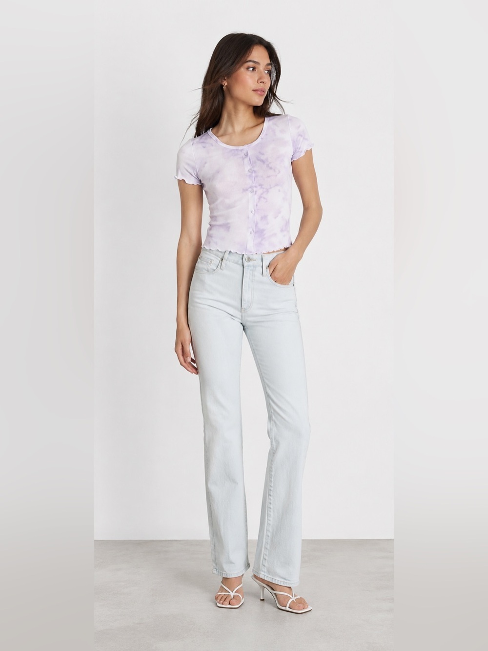 💜 Abound by Nordstrom Purple Tie-Dye Lettuce Hem Button Front Top | Size Large